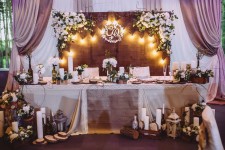 Декор банкетного зала(президиум молодоженов, банты,чехлы,композиции на столы гостей,кендибар, рассадка...). Изображение 33223